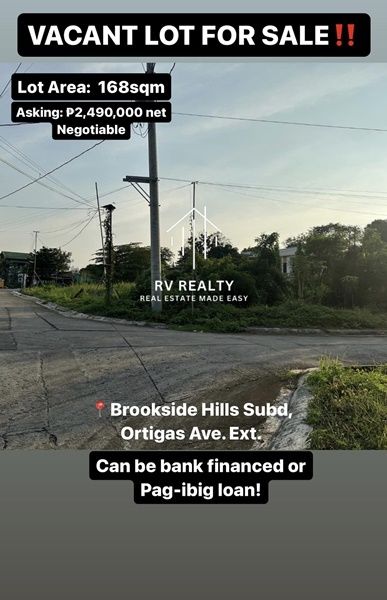 For sale Lot, 168 sqm in Brookside Hills Subdivision, Cainta, Rizal