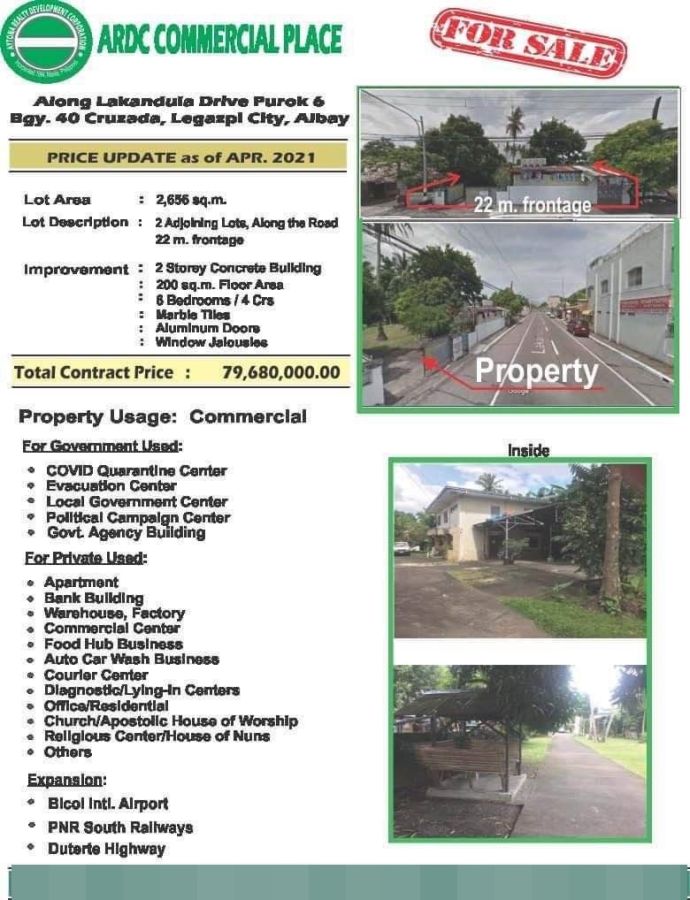 For Sale Commercial Lot with Improvement 2,656 sqm in Legazpi, Albay