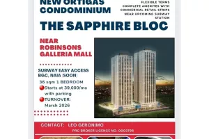 RFO 1BR Condo Unit For Sale in Ortigas Center, The Sapphire Bloc